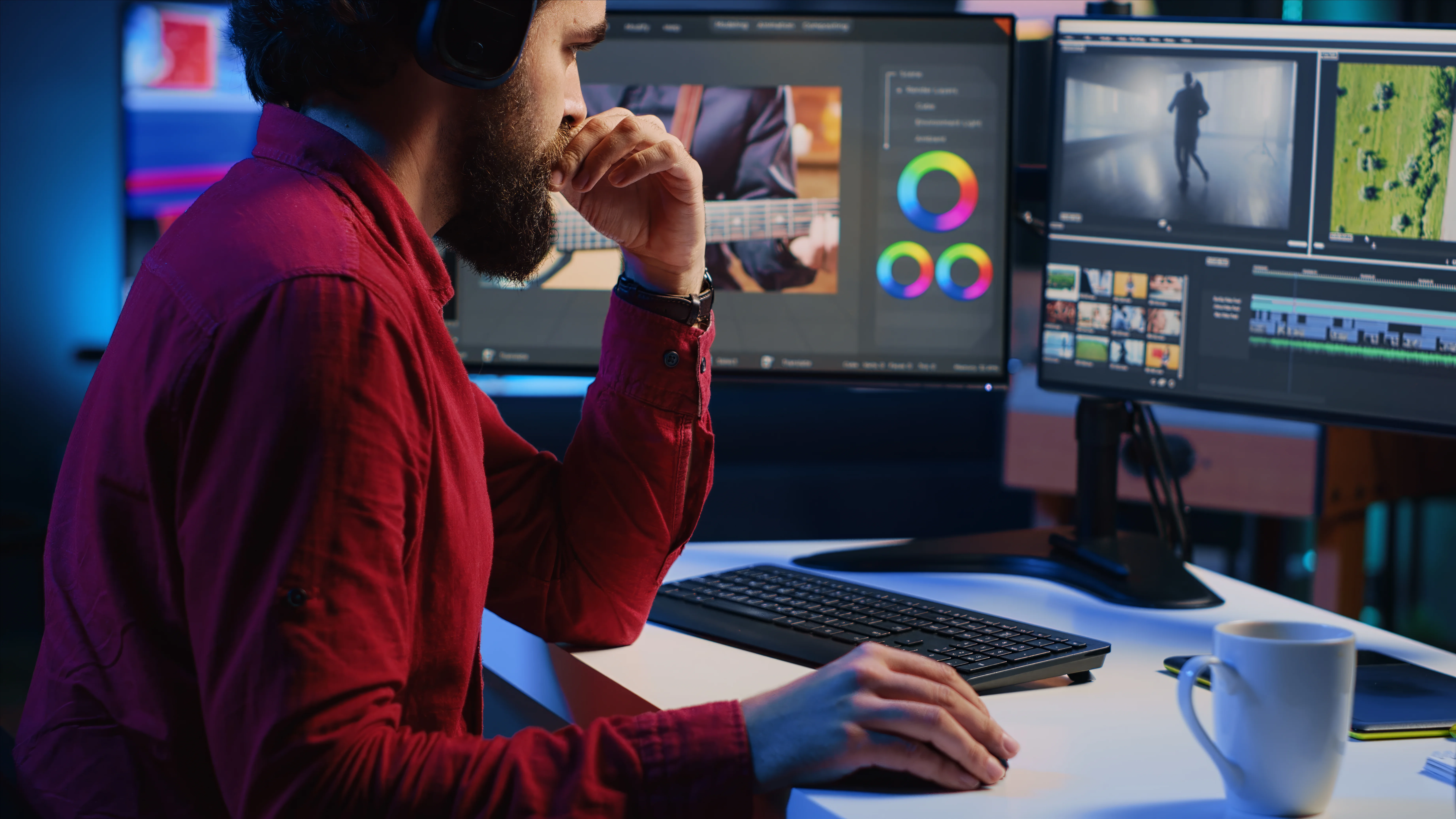 Workstation für Videoschnitt mit mehreren Monitoren