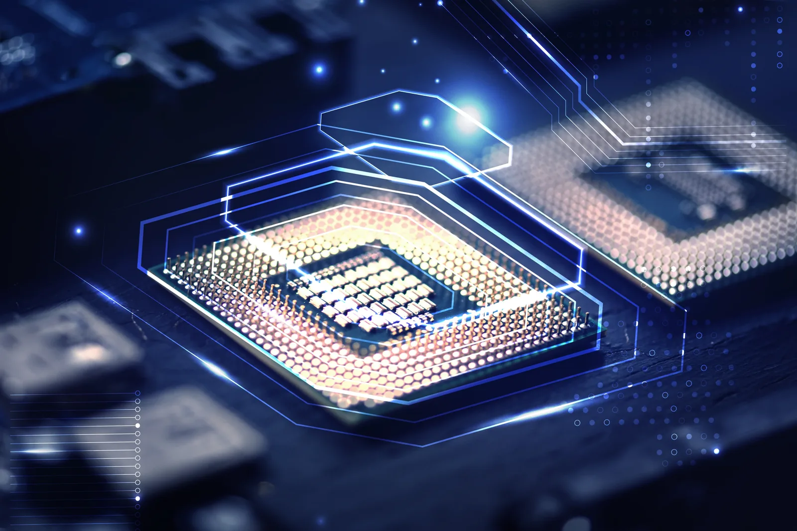 Prozessor-Chip auf einem Mainboard mit blauer Beleuchtung